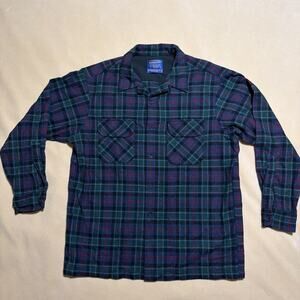 Vintage Pendleton Plaid Board Shirt Loop Collar Green Plaid Outdoor Clean Size L